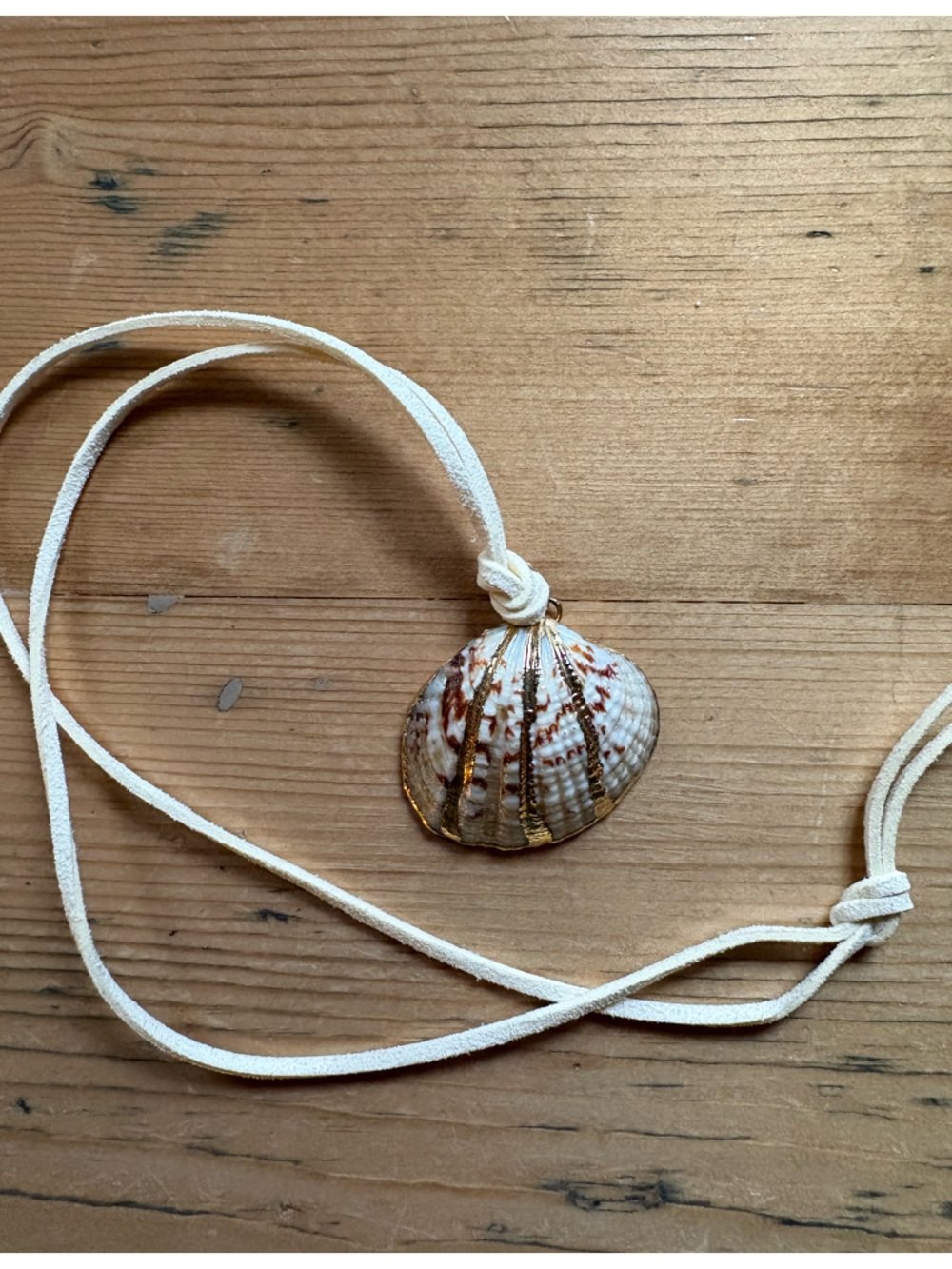 Gold Guilt Seashell Pendant Necklace with Cream Suede Cord